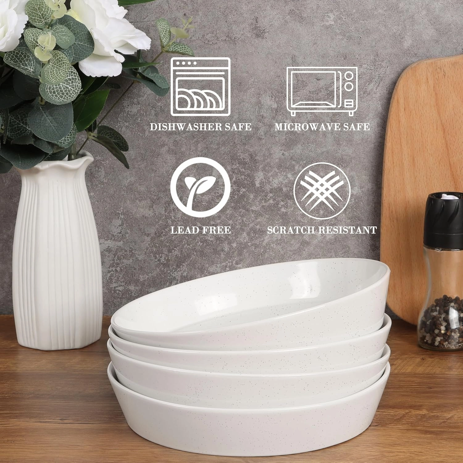 HaWare Pasta Bowls Set of 4, 34oz Salad Plates for Home Kitchen, Stackable Large Wide Ceramic Bowl for Serving Dinner, Microwave & Dishwasher Safe, Speckled Starlight White