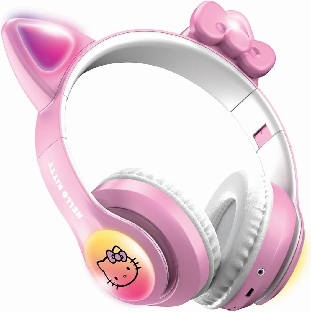 Hello Kitty Wireless Bluetooth Light-Up Headphones with Built-in Microphone, Foldable Design, Adjustable Headband, 8 Hours Playtime, LED Kitty Earcups, for Kids & Adults (Pink)
