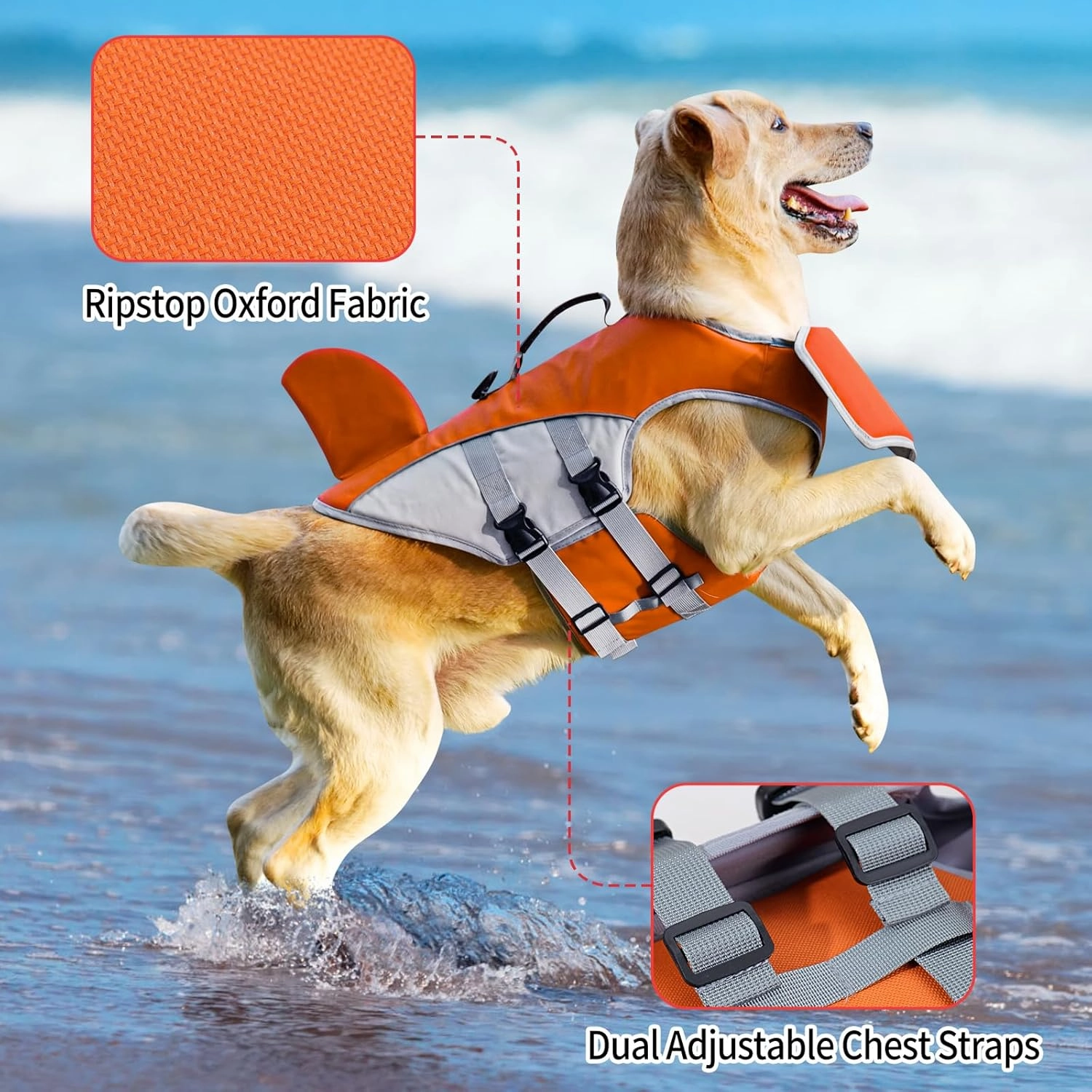 HEYWEAN Dog Life Jacket for Swimming Boating High Buoyancy Adjustable Dog Life Vest with Reflective Strips Rescue Handle Secure Fit Floating Swim Vest for Small Medium Large Dogs (Orange, Medium)