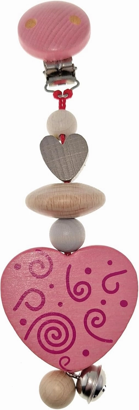 Holzspielzeug 12826 Wooden Pram Hanger, Pink Heart, Pram Toy with Clip for Attachment, Handmade Toy for Baby Motor Skills