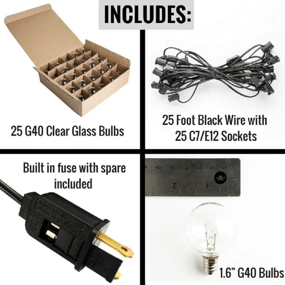 Hometown Evolution, Inc. 25’ G40 Bulb String Lights with Clear Bulbs and Black Wire (  1 Free Spare) for Balcony, Canopy, Pergola, Deck, Bedroom, and Patio Lighting!
