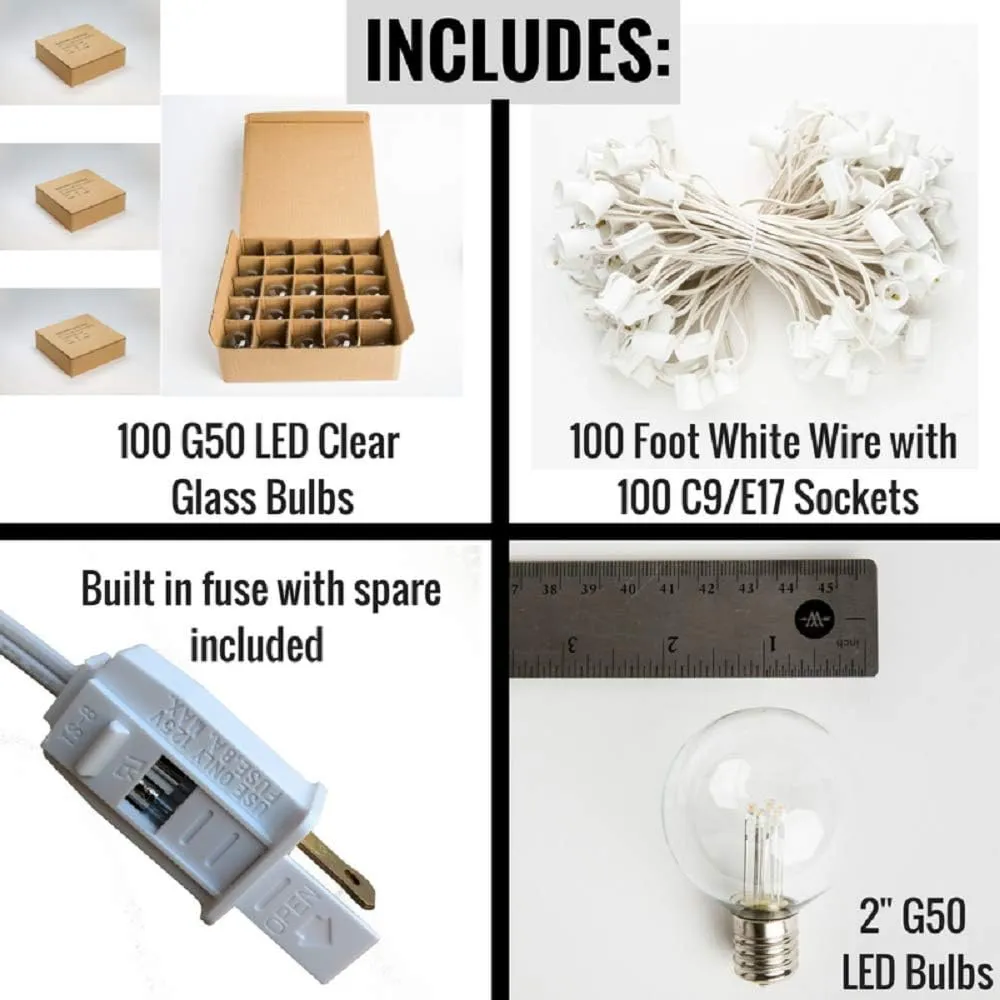 Hometown Evolution, Inc. G50 2" LED Diode Warm White Outdoor Patio String Lights with 0.6 Watt Light Bulbs (White Wire, 100 ft)