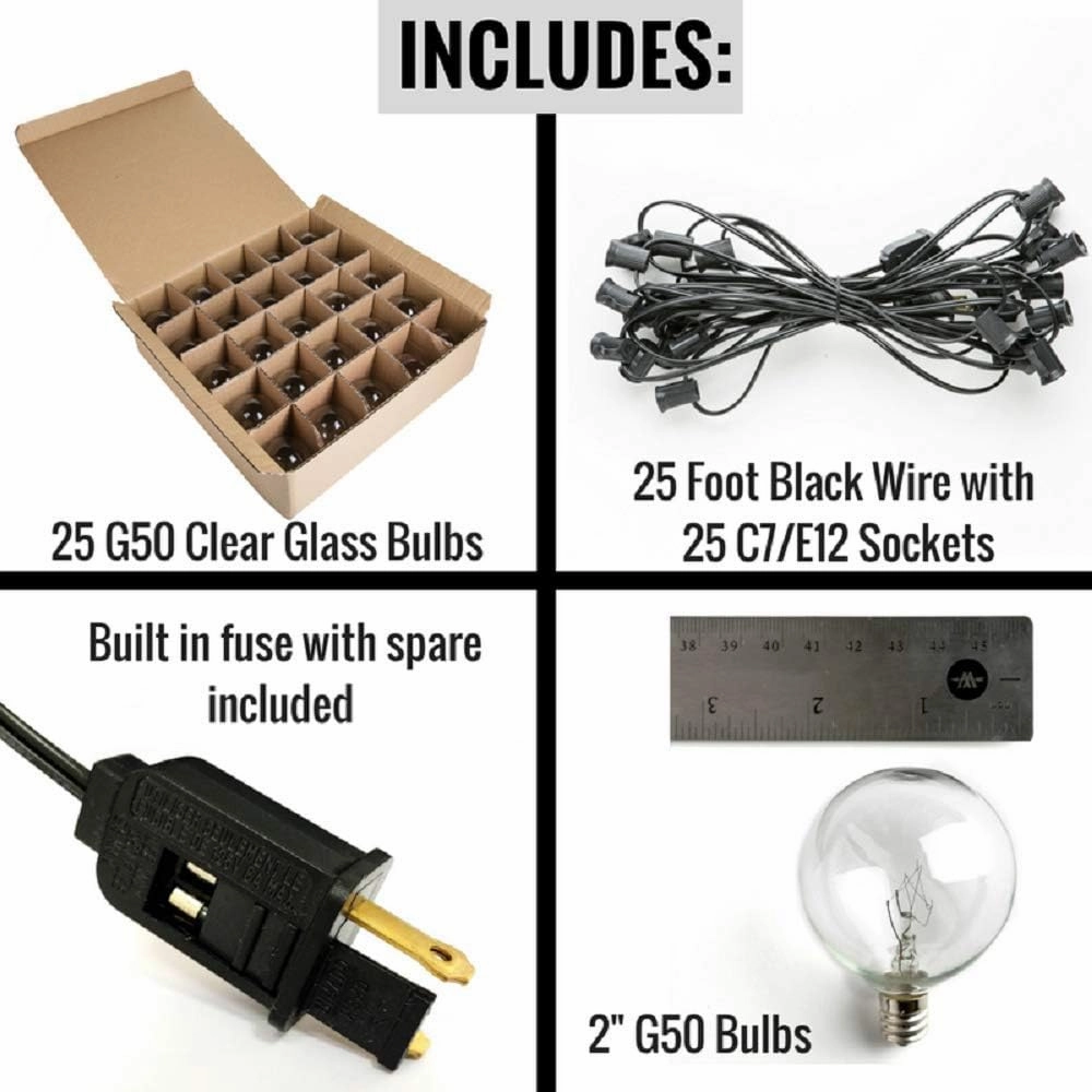 Hometown Evolution, Inc. 25’ Globe Patio String Lights with G50 2” Clear Light Bulbs and Black Wire ( 1 Free Spare)