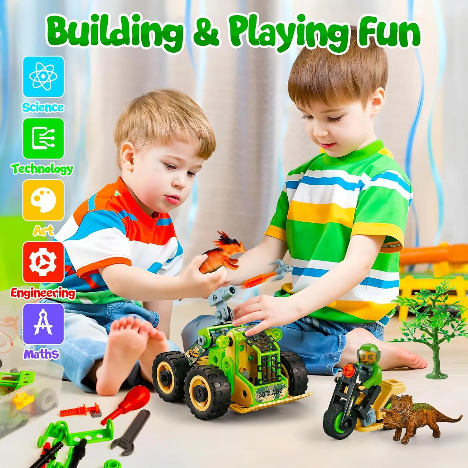 HOMETTER Dinosaur Building Toys, STEM Learning Toys, Construction Engineering Kit for Kids, Creative Set Capturing Dinosaurs Game Christams Ideas Gift for Boys Age 4 5 6 7 8 9 10  Years Old
