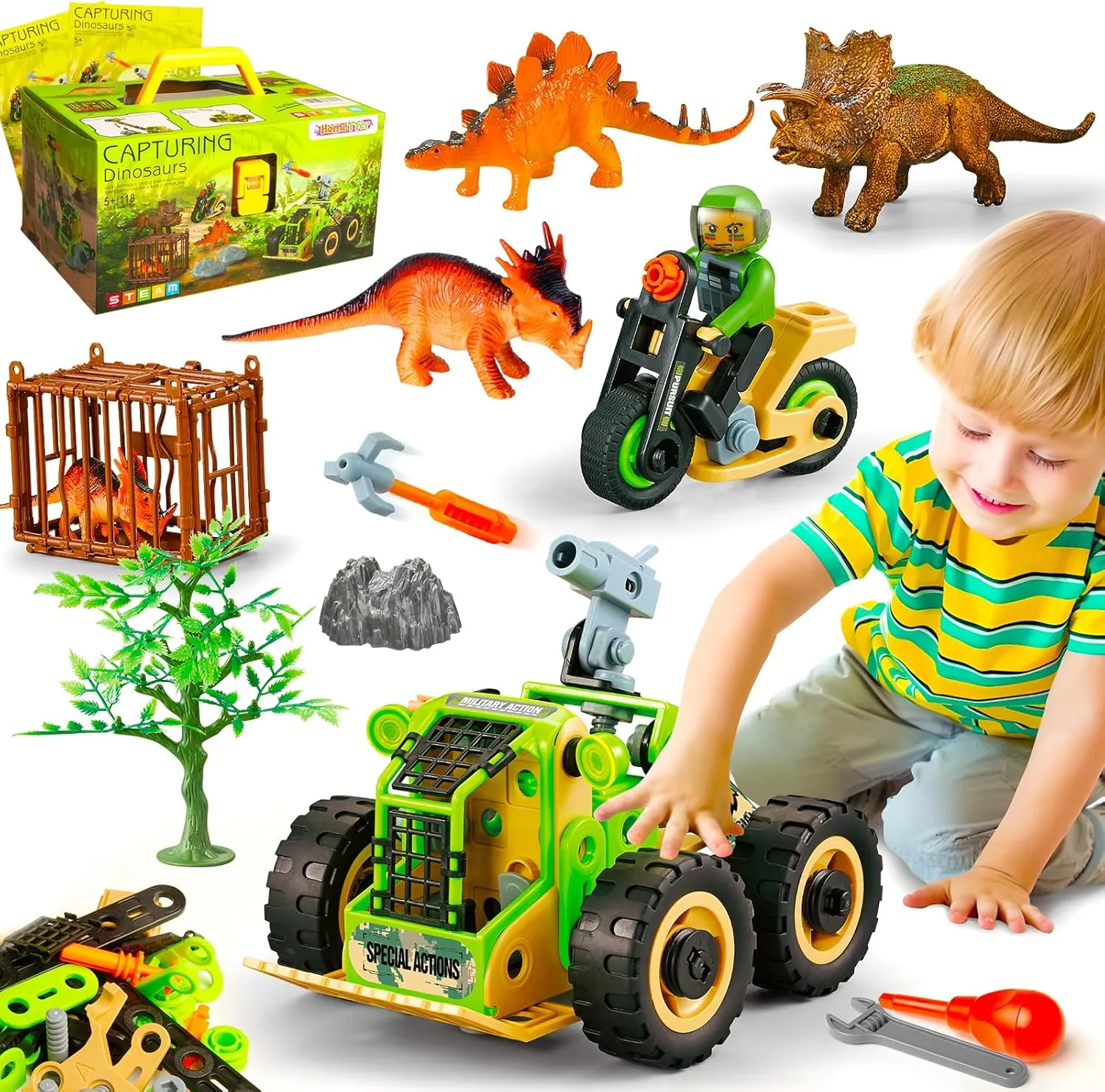 HOMETTER Dinosaur Building Toys, STEM Learning Toys, Construction Engineering Kit for Kids, Creative Set Capturing Dinosaurs Game Christams Ideas Gift for Boys Age 4 5 6 7 8 9 10  Years Old