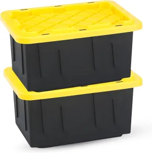 HOMZ 2-Pack Durabilt, Heavy Duty Plastic Storage Bins with Lids, 15 Gallon, Black/Yellow - Stackable Container Boxes for Home, Attic, and Garage Organization