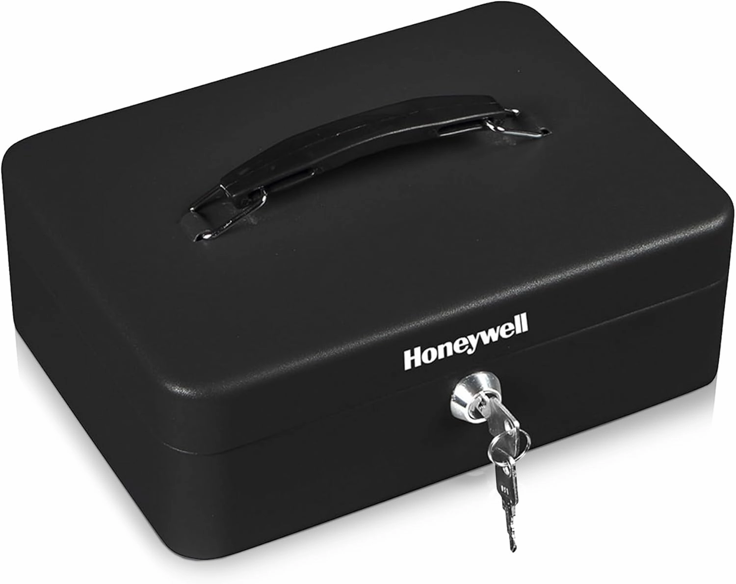 Honeywell Safes & Door Locks - Standard Small Cash Box with Removable Money Tray - Storage Under Tray & 5 Coin Slots - Durable Metal Safe with Key Lock - Saving Money Lock Box - Black, 0.14 CU - 6112
