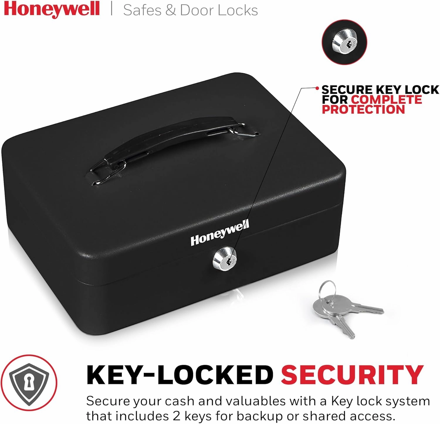Honeywell Safes & Door Locks - Standard Small Cash Box with Removable Money Tray - Storage Under Tray & 5 Coin Slots - Durable Metal Safe with Key Lock - Saving Money Lock Box - Black, 0.14 CU - 6112