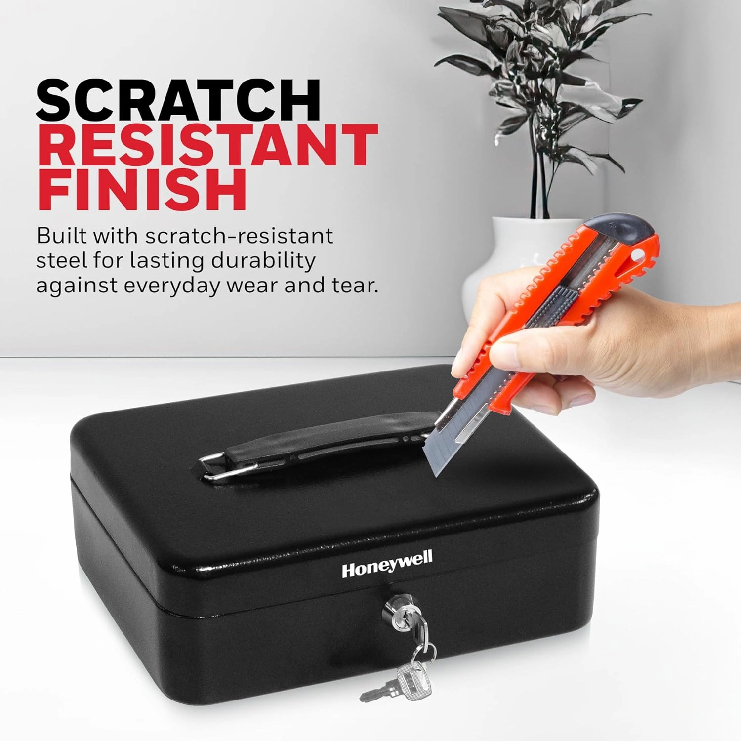 Honeywell Safes & Door Locks - Standard Small Cash Box with Removable Money Tray - Storage Under Tray & 5 Coin Slots - Durable Metal Safe with Key Lock - Saving Money Lock Box - Black, 0.14 CU - 6112