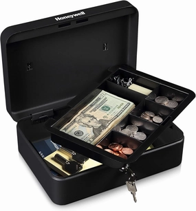 Honeywell Safes & Door Locks - Standard Small Cash Box with Removable Money Tray - Storage Under Tray & 5 Coin Slots - Durable Metal Safe with Key Lock - Saving Money Lock Box - Black, 0.14 CU - 6112