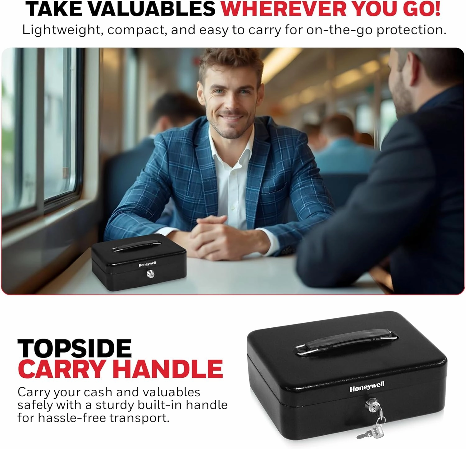 Honeywell Safes & Door Locks - Standard Small Cash Box with Removable Money Tray - Storage Under Tray & 5 Coin Slots - Durable Metal Safe with Key Lock - Saving Money Lock Box - Black, 0.14 CU - 6112