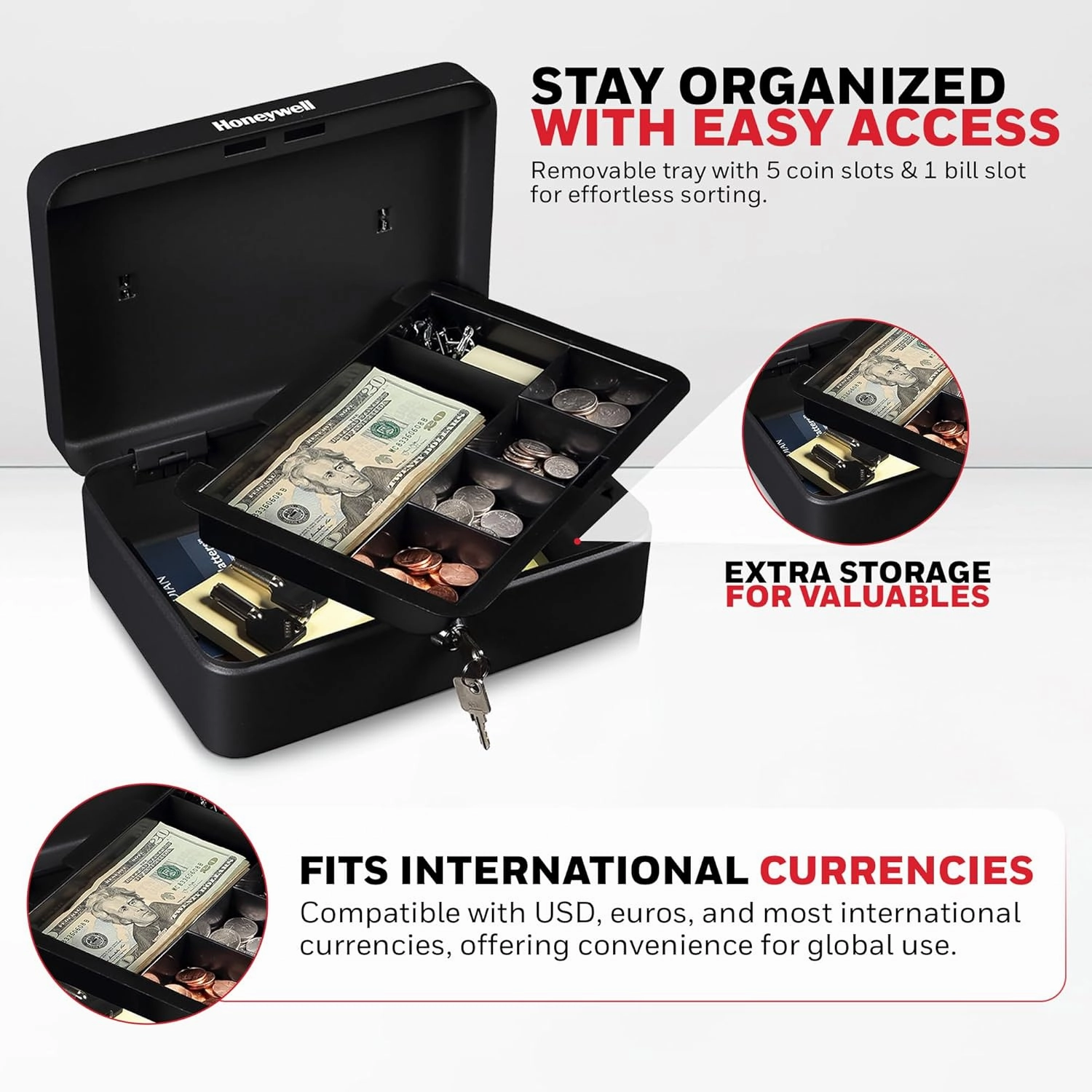 Honeywell Safes & Door Locks - Standard Small Cash Box with Removable Money Tray - Storage Under Tray & 5 Coin Slots - Durable Metal Safe with Key Lock - Saving Money Lock Box - Black, 0.14 CU - 6112