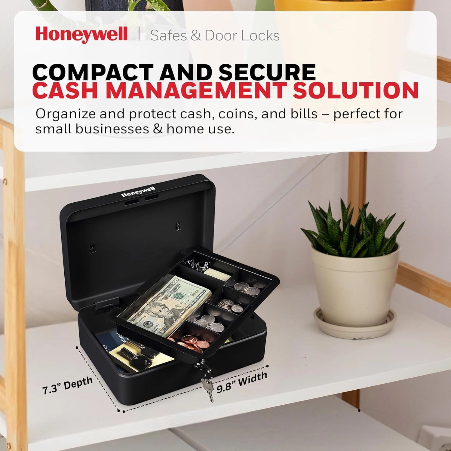 Honeywell Safes & Door Locks - Standard Small Cash Box with Removable Money Tray - Storage Under Tray & 5 Coin Slots - Durable Metal Safe with Key Lock - Saving Money Lock Box - Black, 0.14 CU - 6112