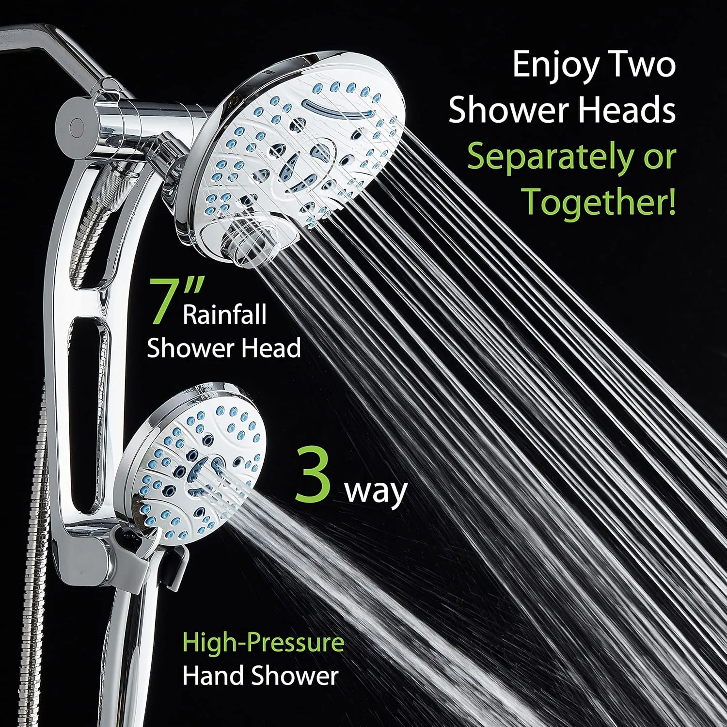 Hotel Spa AquaCare As-Seen-On-TV High Pressure Handheld/Rain 80-mode 3-way Shower Head Combo with Adjustable Arm - Anti-clog Nozzles, Tub & Pet Power Wash, 6 ft. Hose, All Chrome Finish