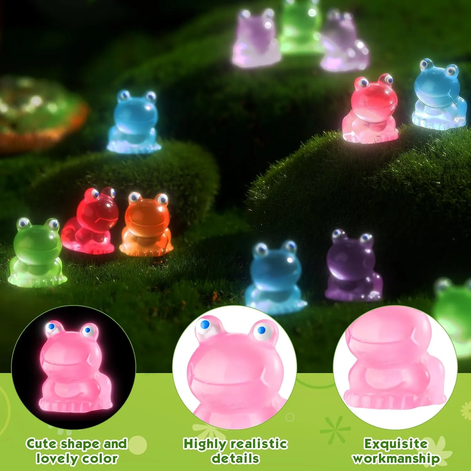 Huwena 200 Pcs Luminous Mini Resin Animals Glow in The Dark Miniature Figurines Garden Miniature Luminous for Garden DIY Craft Accessories Dollhouse Decorations (Classic Frogs)