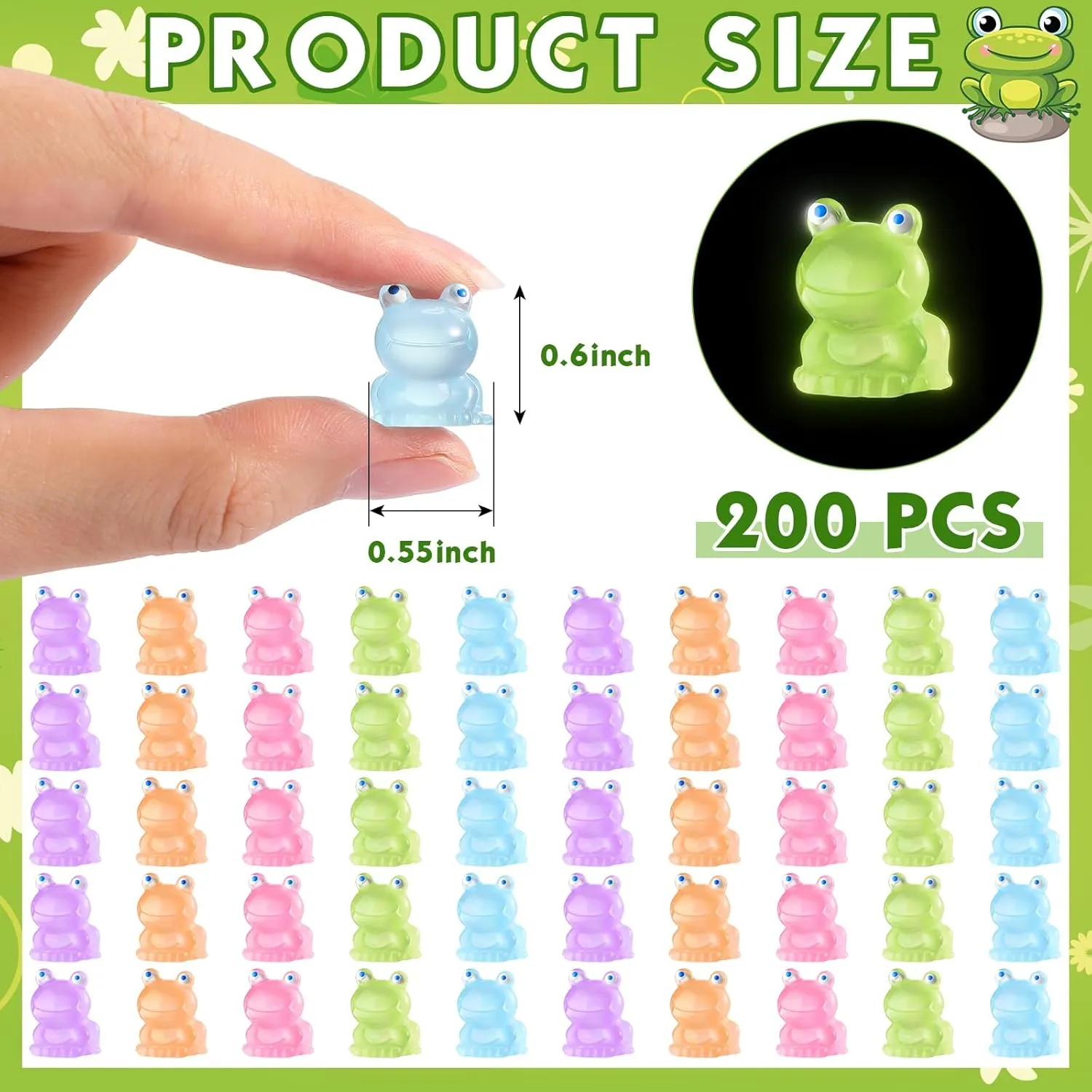 Huwena 200 Pcs Luminous Mini Resin Animals Glow in The Dark Miniature Figurines Garden Miniature Luminous for Garden DIY Craft Accessories Dollhouse Decorations (Classic Frogs)