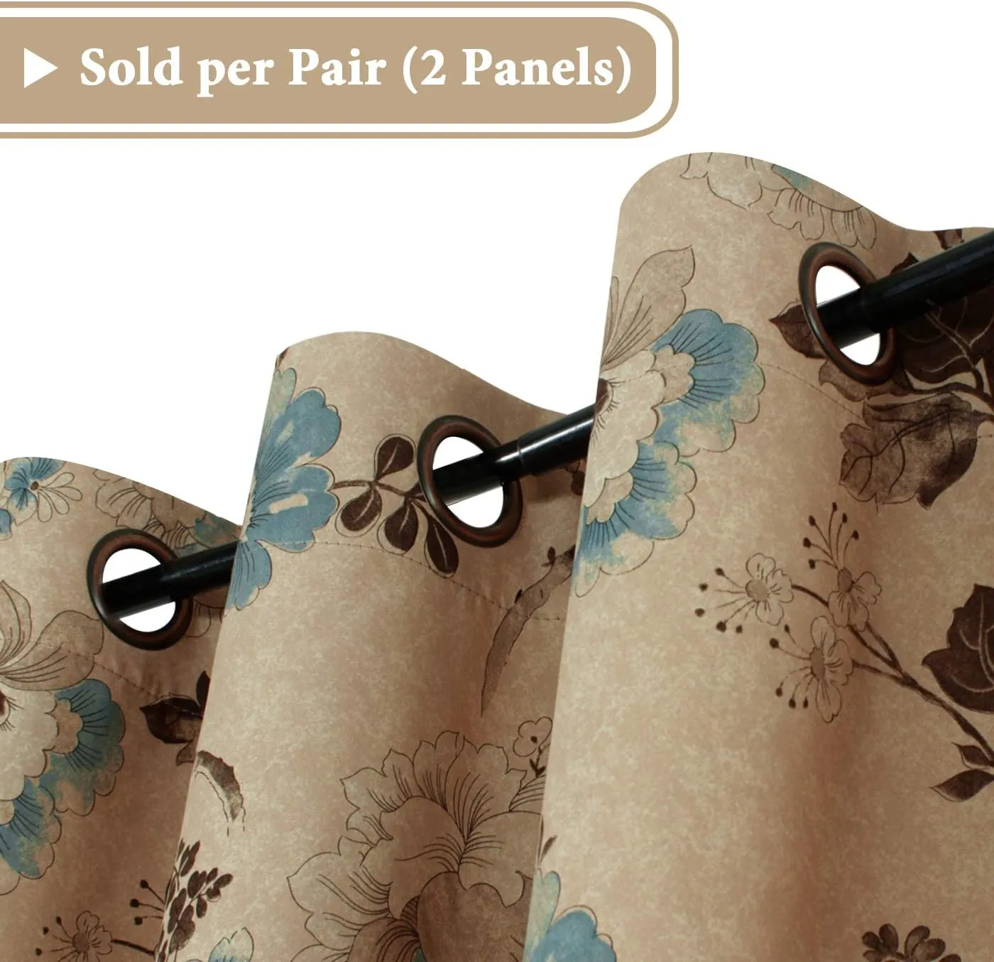 H.VERSAILTEX Blackout Curtains for Bedroom/Living Room Thermal Insulated Printed Curtain Drapes 84 Inches Long Energy Efficient Room Darkening Curtains Pair (2 Panels), Vintage Floral Brown & Blue
