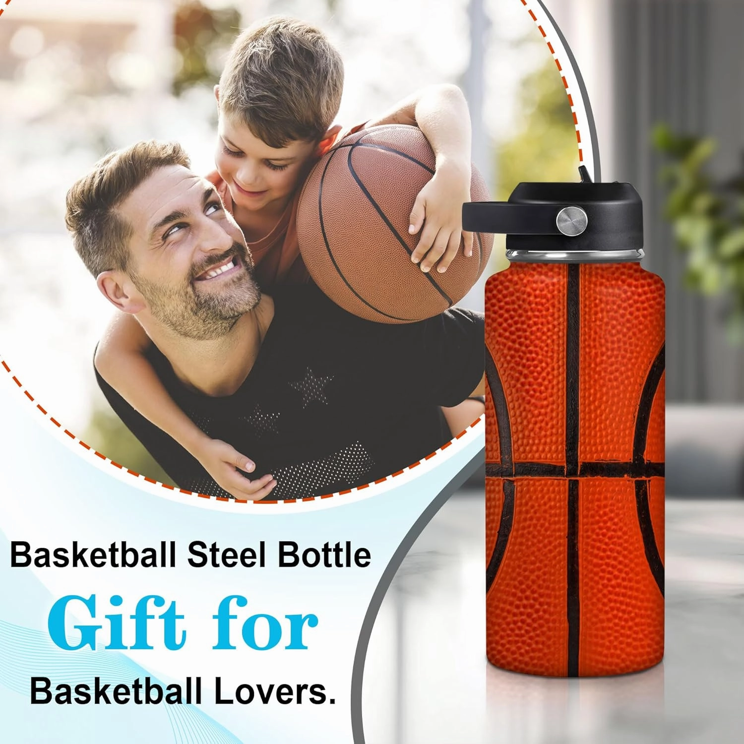 Hyturtle Personalized Basketball Water Bottle - Travel Insulated Stainless Steel Bottle with Leak-Proof Lid 18oz 32oz - Gift for Men Boys Basketball Lovers Players Coaches - Birthday & Christmas Gift