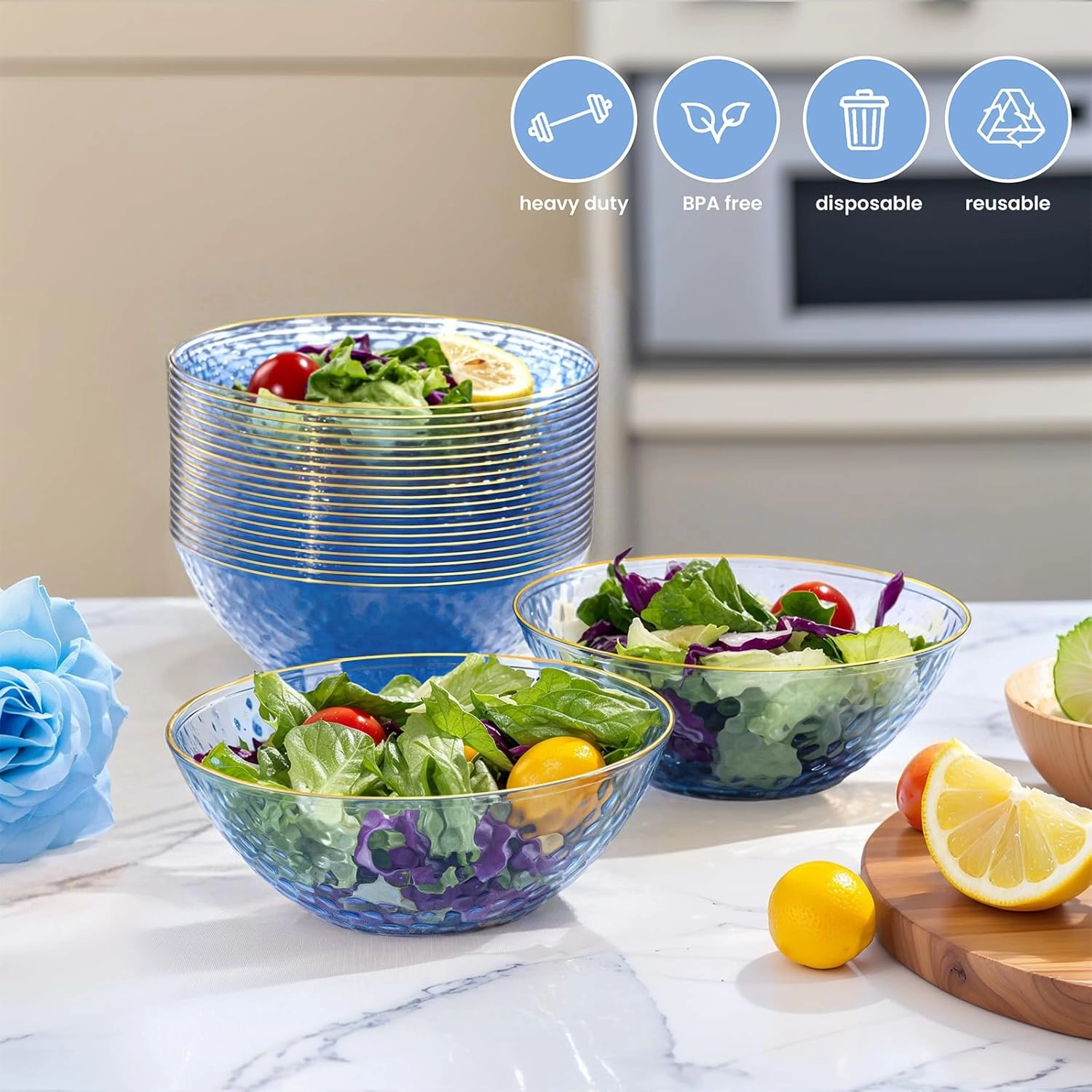 I00000 50 Pack 12-16 Ounce Blue Plastic Bowls Hammered Gold Rimmed Crystal Like, Heavy duty Disposable Bowl Set,Elegant Soup/Salad/Dessert/Ice Cream Bowls For Party, Weddings, Catering