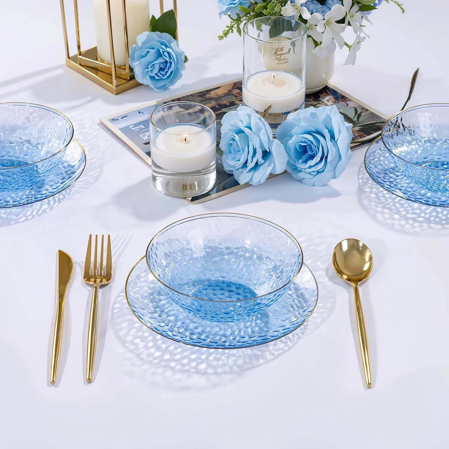 I00000 50 Pack 12-16 Ounce Blue Plastic Bowls Hammered Gold Rimmed Crystal Like, Heavy duty Disposable Bowl Set,Elegant Soup/Salad/Dessert/Ice Cream Bowls For Party, Weddings, Catering