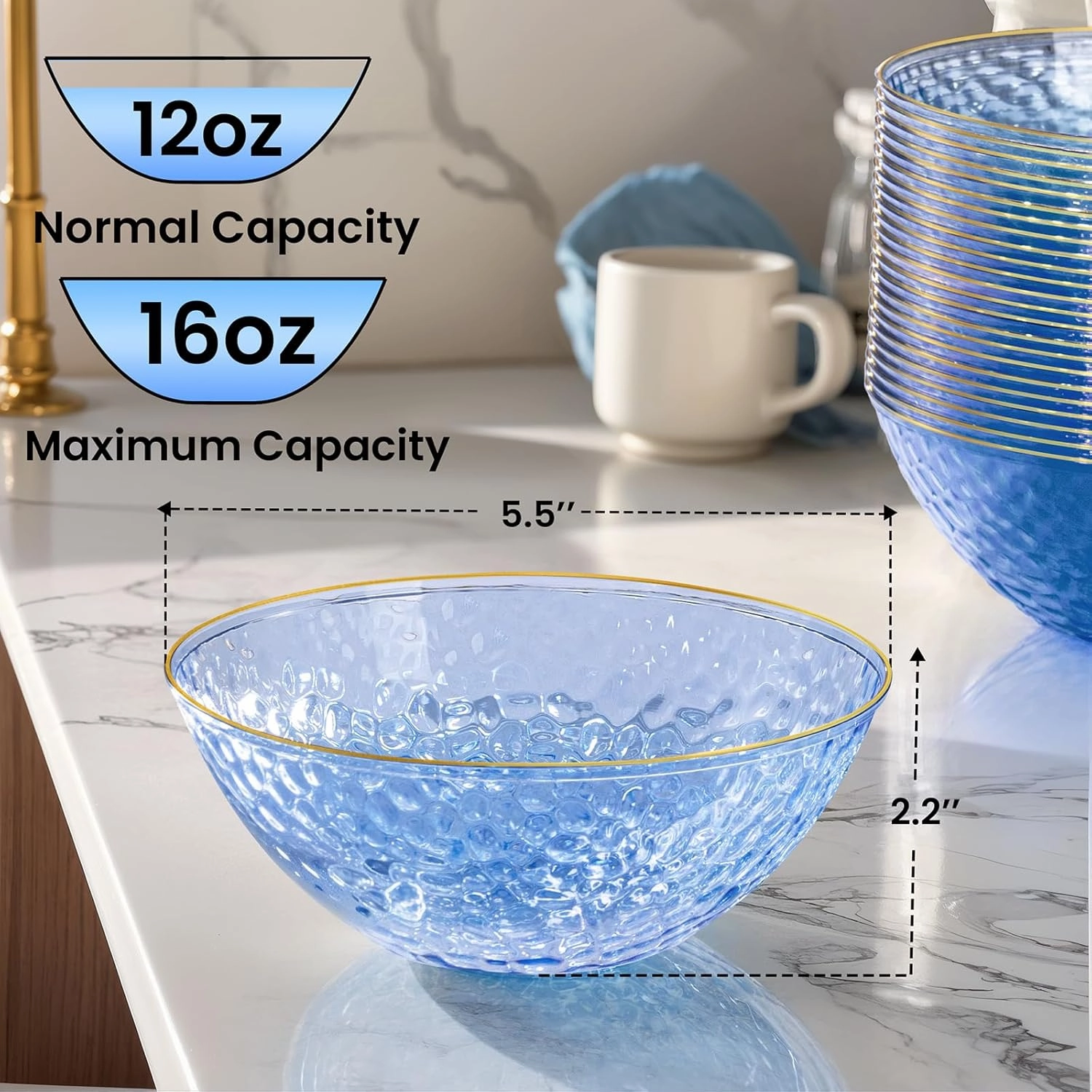 I00000 50 Pack 12-16 Ounce Blue Plastic Bowls Hammered Gold Rimmed Crystal Like, Heavy duty Disposable Bowl Set,Elegant Soup/Salad/Dessert/Ice Cream Bowls For Party, Weddings, Catering