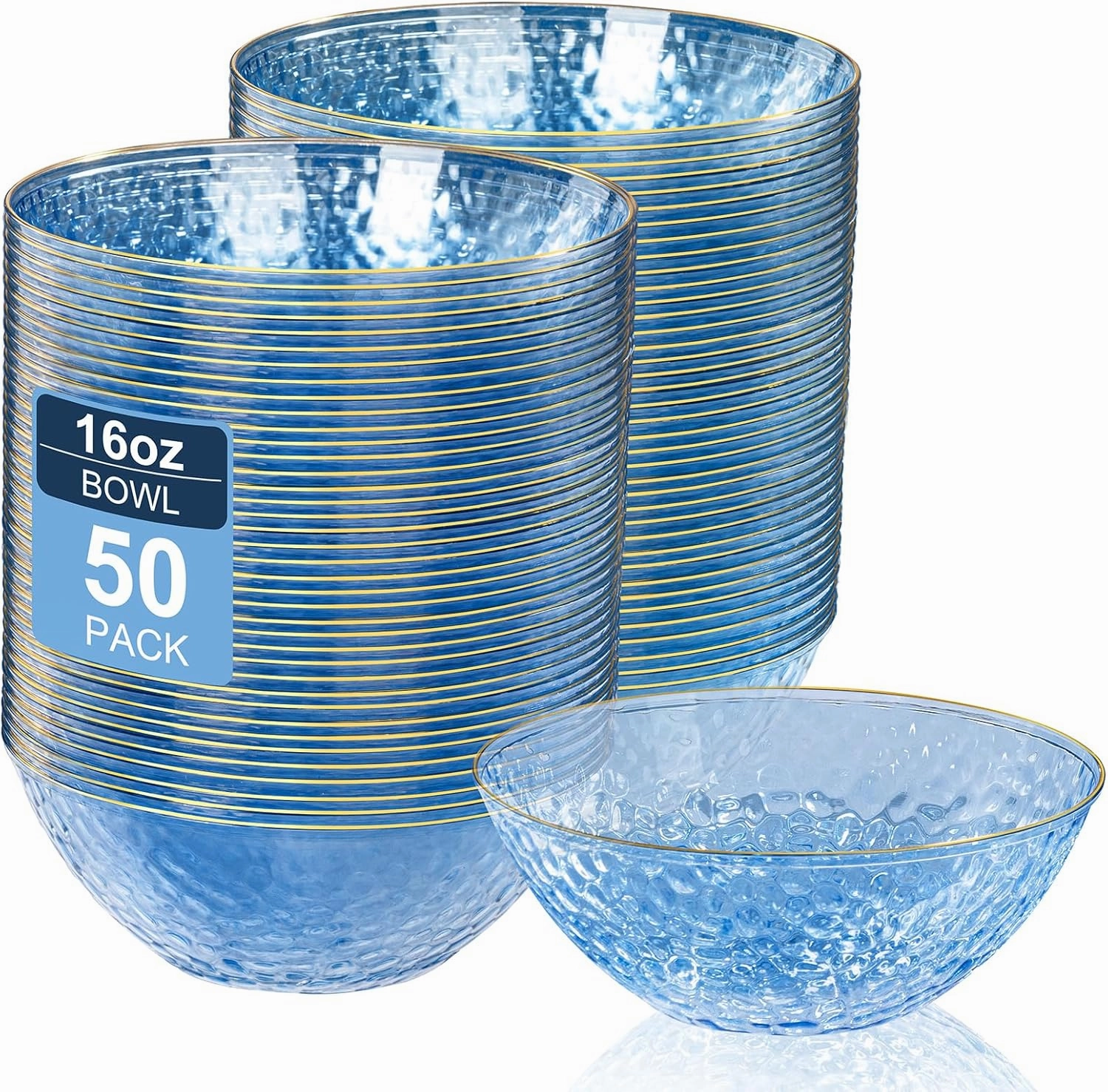 I00000 50 Pack 12-16 Ounce Blue Plastic Bowls Hammered Gold Rimmed Crystal Like, Heavy duty Disposable Bowl Set,Elegant Soup/Salad/Dessert/Ice Cream Bowls For Party, Weddings, Catering