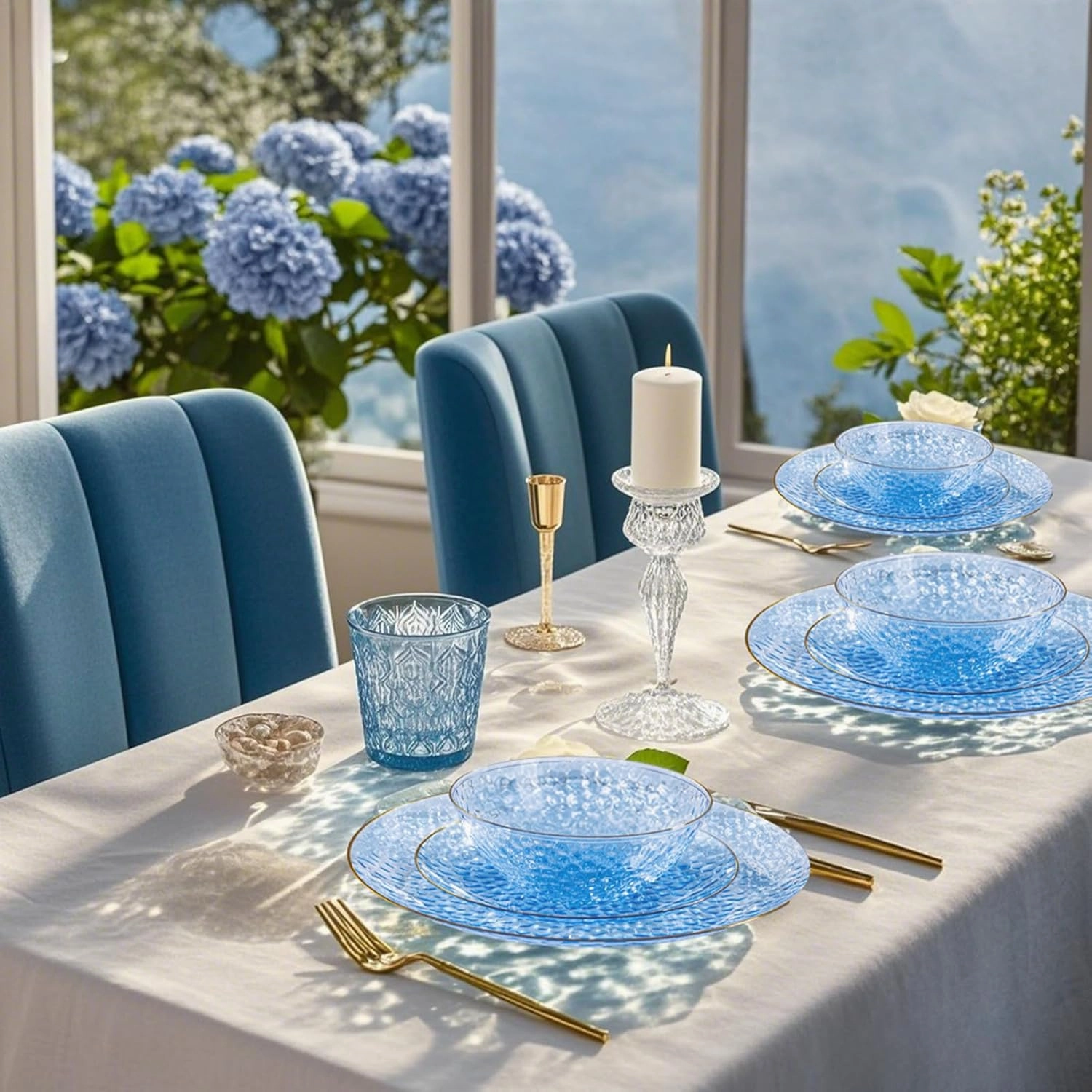 I00000 50 Pack 12-16 Ounce Blue Plastic Bowls Hammered Gold Rimmed Crystal Like, Heavy duty Disposable Bowl Set,Elegant Soup/Salad/Dessert/Ice Cream Bowls For Party, Weddings, Catering