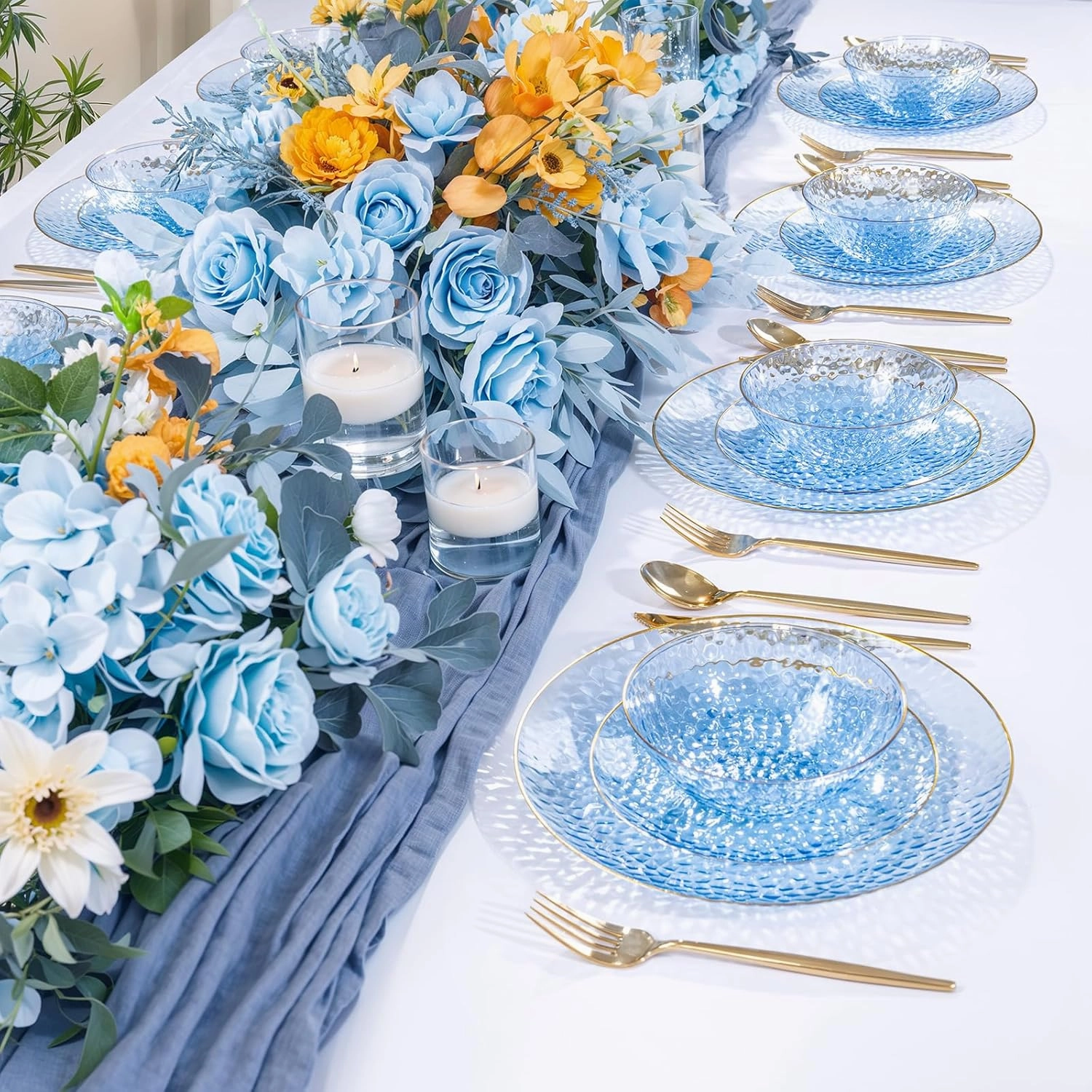 I00000 50 Pack 12-16 Ounce Blue Plastic Bowls Hammered Gold Rimmed Crystal Like, Heavy duty Disposable Bowl Set,Elegant Soup/Salad/Dessert/Ice Cream Bowls For Party, Weddings, Catering
