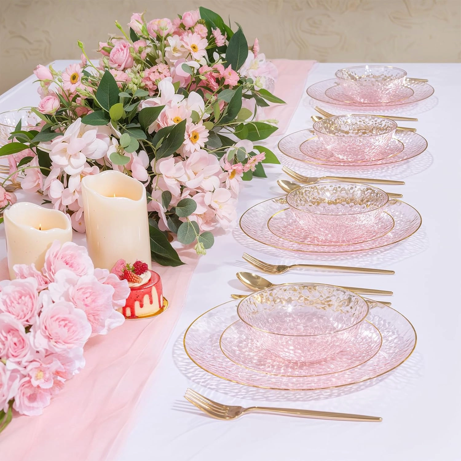 I00000 50 Pack 12-16 Ounce Pink Plastic Bowls Hammered Gold Rimmed Crystal Like, Heavy duty Disposable Bowl Set,Elegant Soup/Salad/Dessert/Ice Cream Bowls For Party, Weddings, Catering