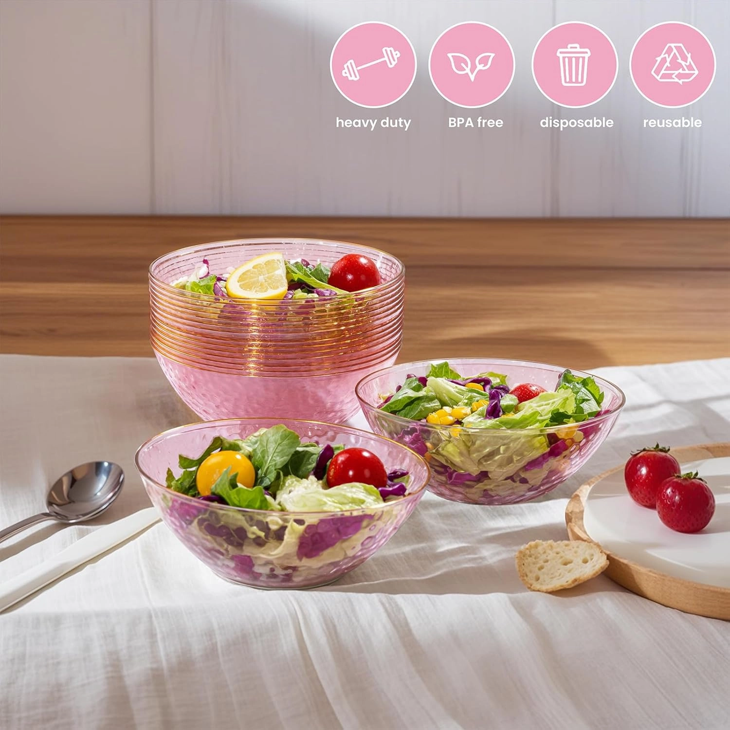 I00000 50 Pack 12-16 Ounce Pink Plastic Bowls Hammered Gold Rimmed Crystal Like, Heavy duty Disposable Bowl Set,Elegant Soup/Salad/Dessert/Ice Cream Bowls For Party, Weddings, Catering