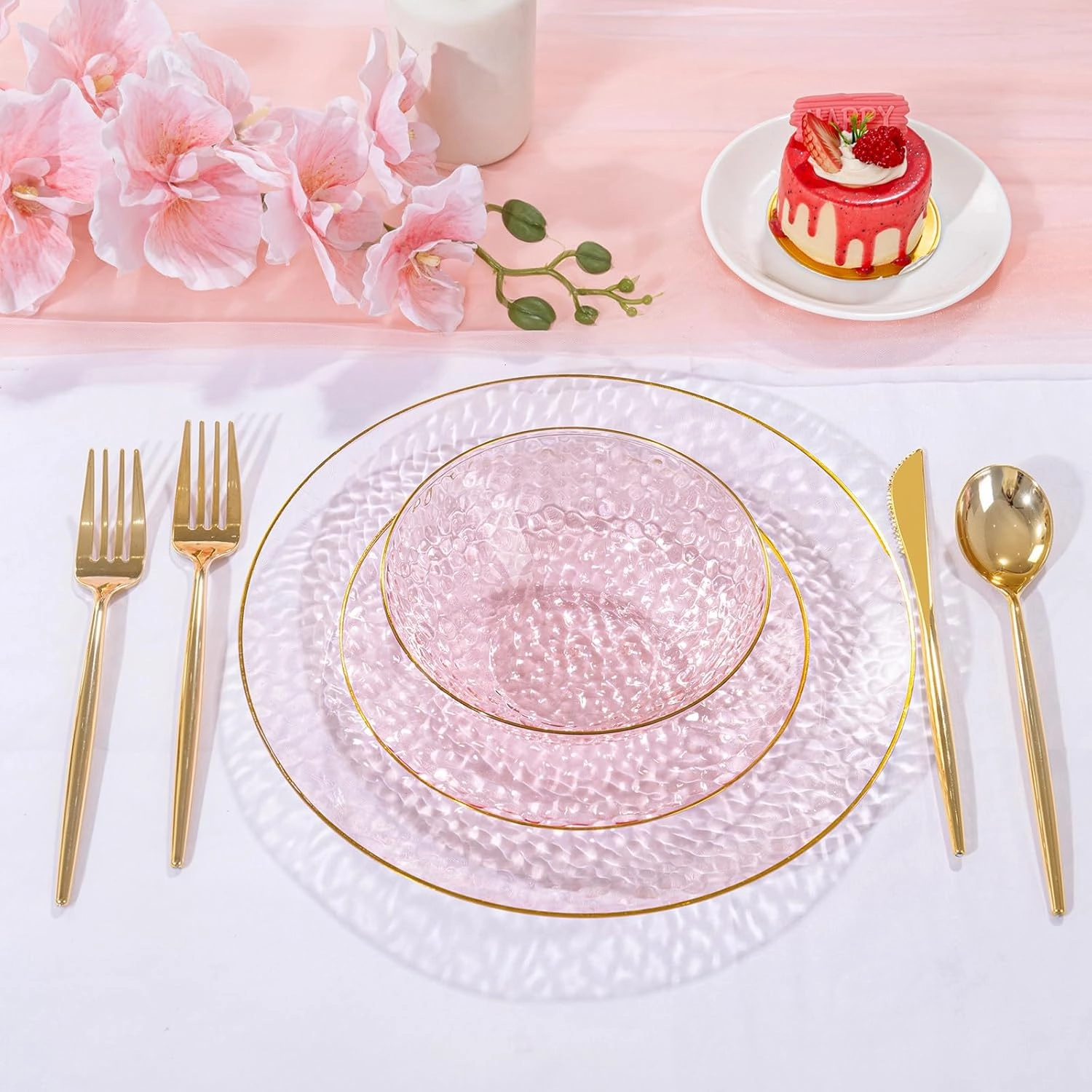 I00000 50 Pack 12-16 Ounce Pink Plastic Bowls Hammered Gold Rimmed Crystal Like, Heavy duty Disposable Bowl Set,Elegant Soup/Salad/Dessert/Ice Cream Bowls For Party, Weddings, Catering