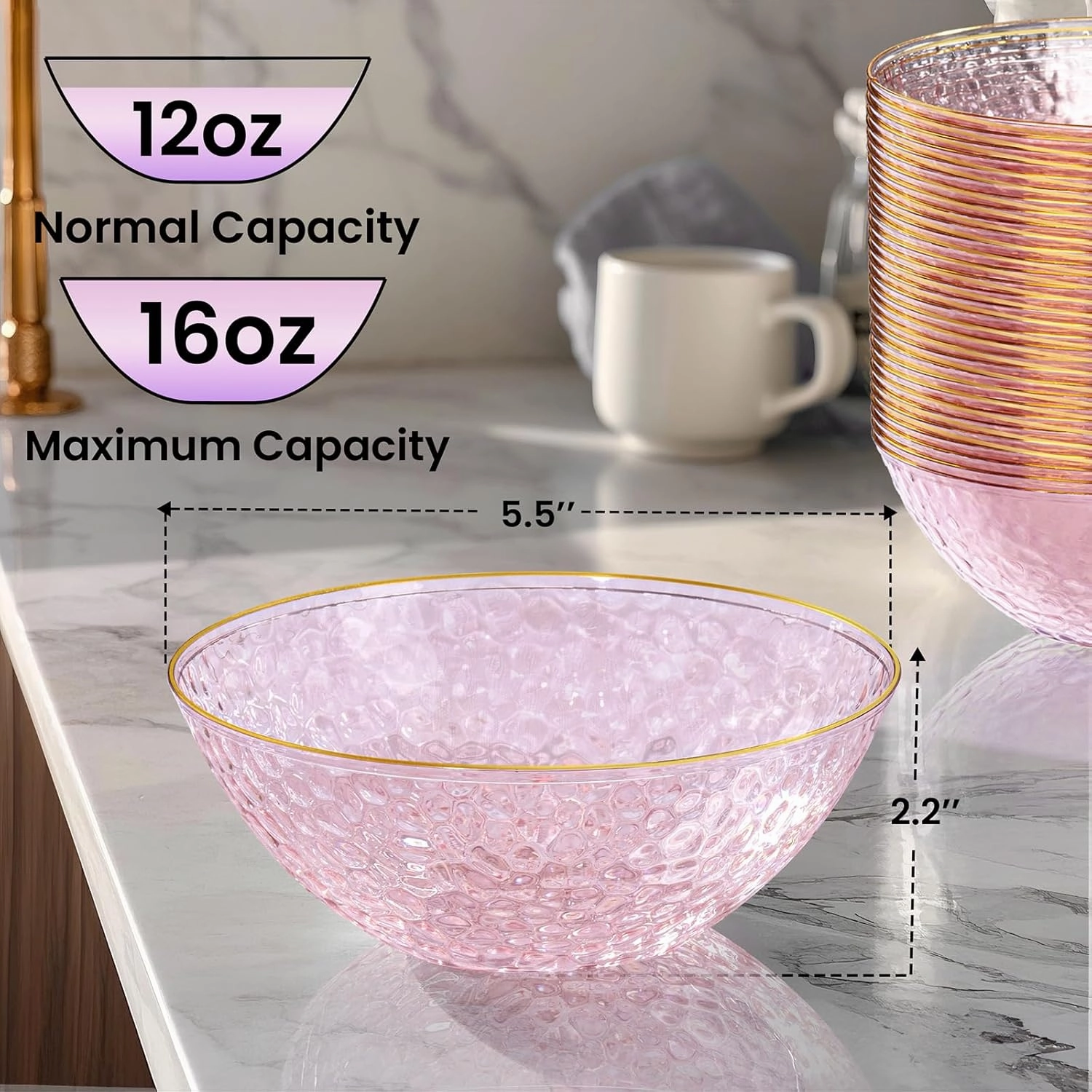 I00000 50 Pack 12-16 Ounce Pink Plastic Bowls Hammered Gold Rimmed Crystal Like, Heavy duty Disposable Bowl Set,Elegant Soup/Salad/Dessert/Ice Cream Bowls For Party, Weddings, Catering