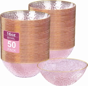 I00000 50 Pack 12-16 Ounce Pink Plastic Bowls Hammered Gold Rimmed Crystal Like, Heavy duty Disposable Bowl Set,Elegant Soup/Salad/Dessert/Ice Cream Bowls For Party, Weddings, Catering
