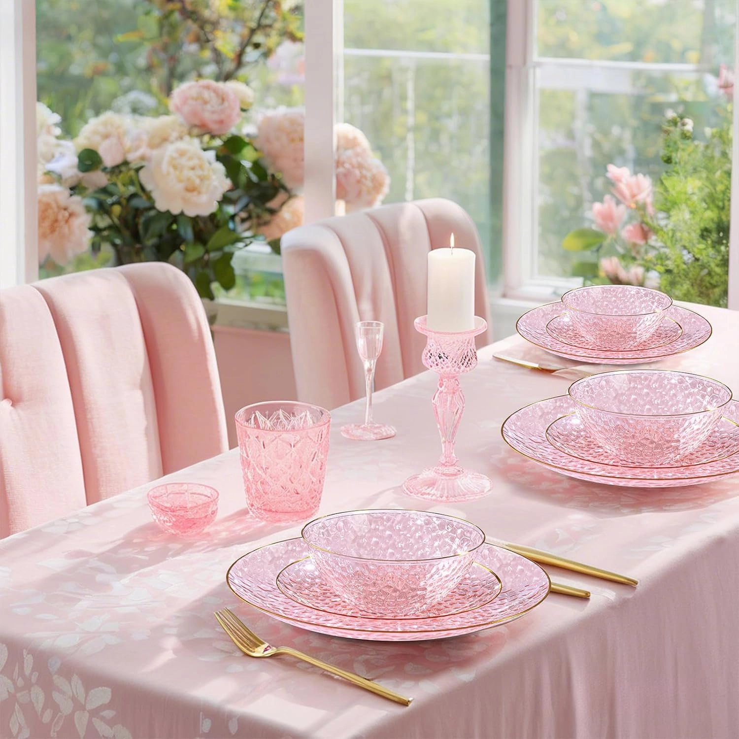 I00000 50 Pack 12-16 Ounce Pink Plastic Bowls Hammered Gold Rimmed Crystal Like, Heavy duty Disposable Bowl Set,Elegant Soup/Salad/Dessert/Ice Cream Bowls For Party, Weddings, Catering