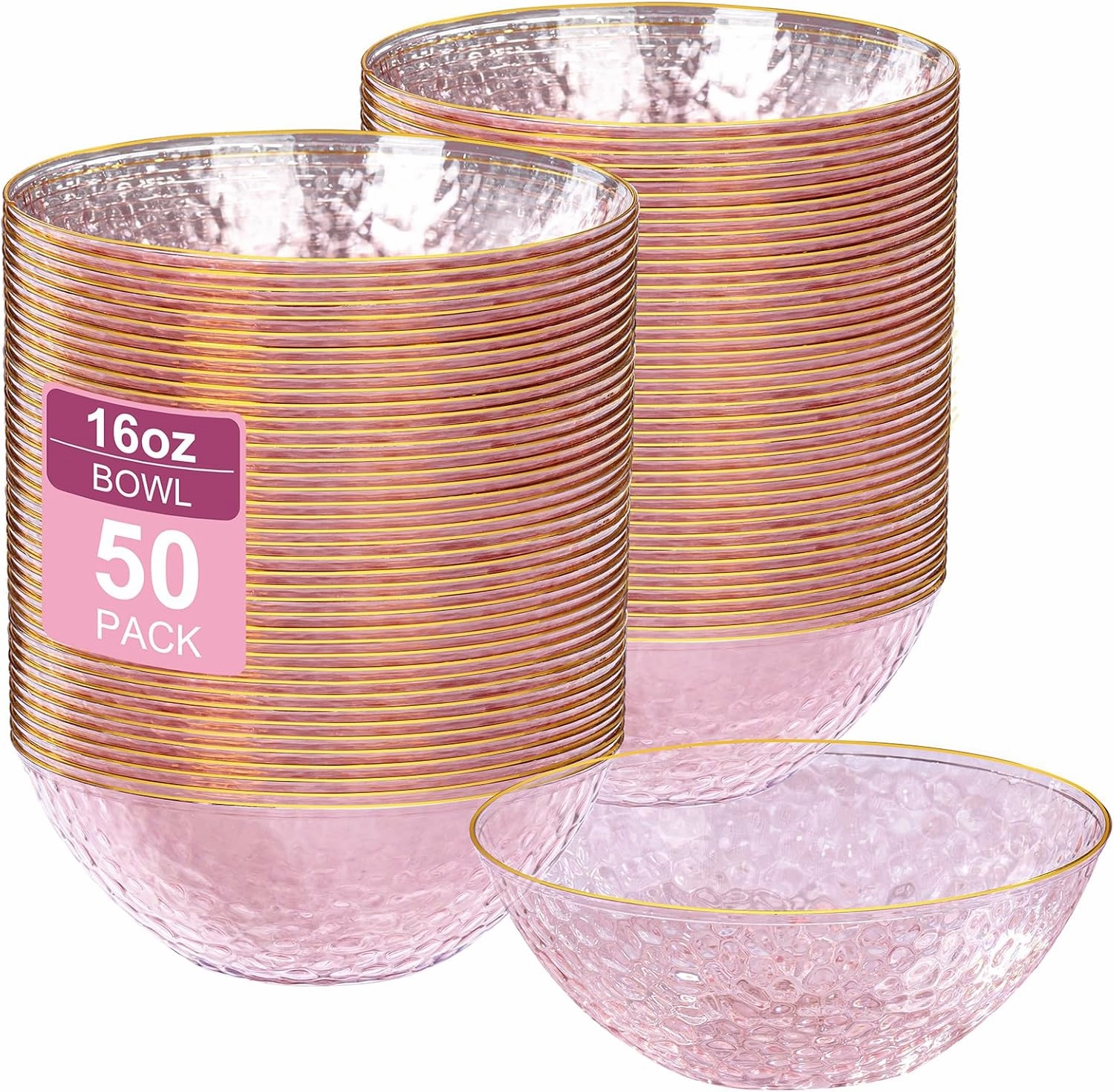 I00000 50 Pack 12-16 Ounce Pink Plastic Bowls Hammered Gold Rimmed Crystal Like, Heavy duty Disposable Bowl Set,Elegant Soup/Salad/Dessert/Ice Cream Bowls For Party, Weddings, Catering