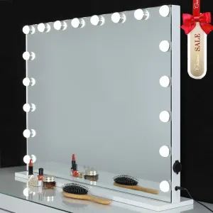 iCREAT Hollywood Makeup Mirror, Vanity Mirror with Lights, Tabletop or Wall Mounted Mirror with USB Port, 3 Color Modes Cosmetic Mirror, Touchscreen Large Mirror with 18 Dimmable Bulbs, Off-White