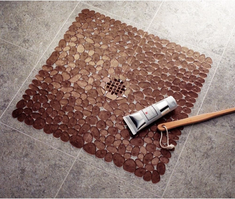 iDesign Plastic Suction Cup Non-Slip Bath Mat, The Pebblz Collection - 22” x 22”, Amber Brown