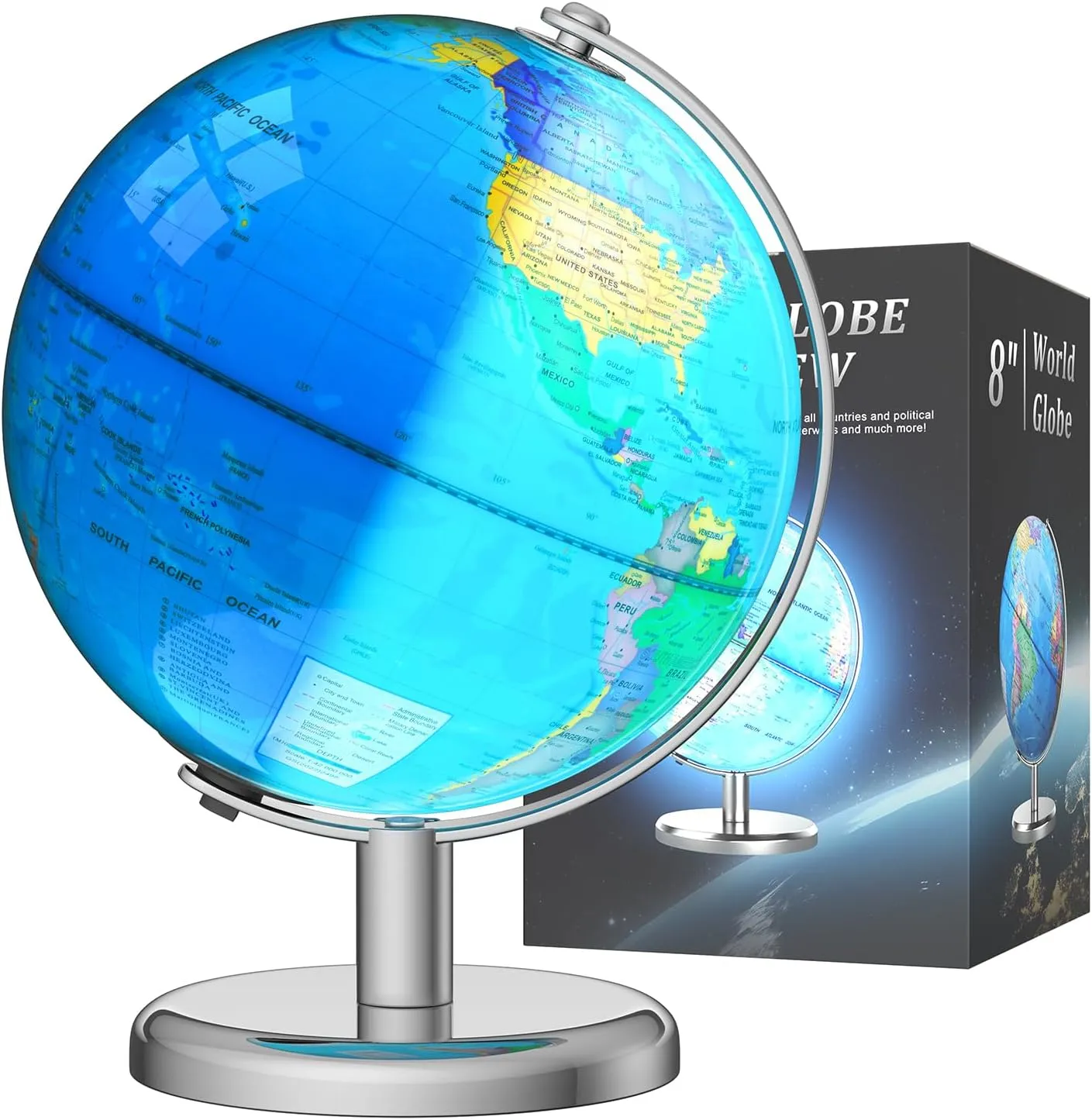Illuminated World Globe for Children – 8" Globe Lamp with World Map for Kids, Stable Heavy Metal Base, Interactive STEM Learning Gift & Night Light