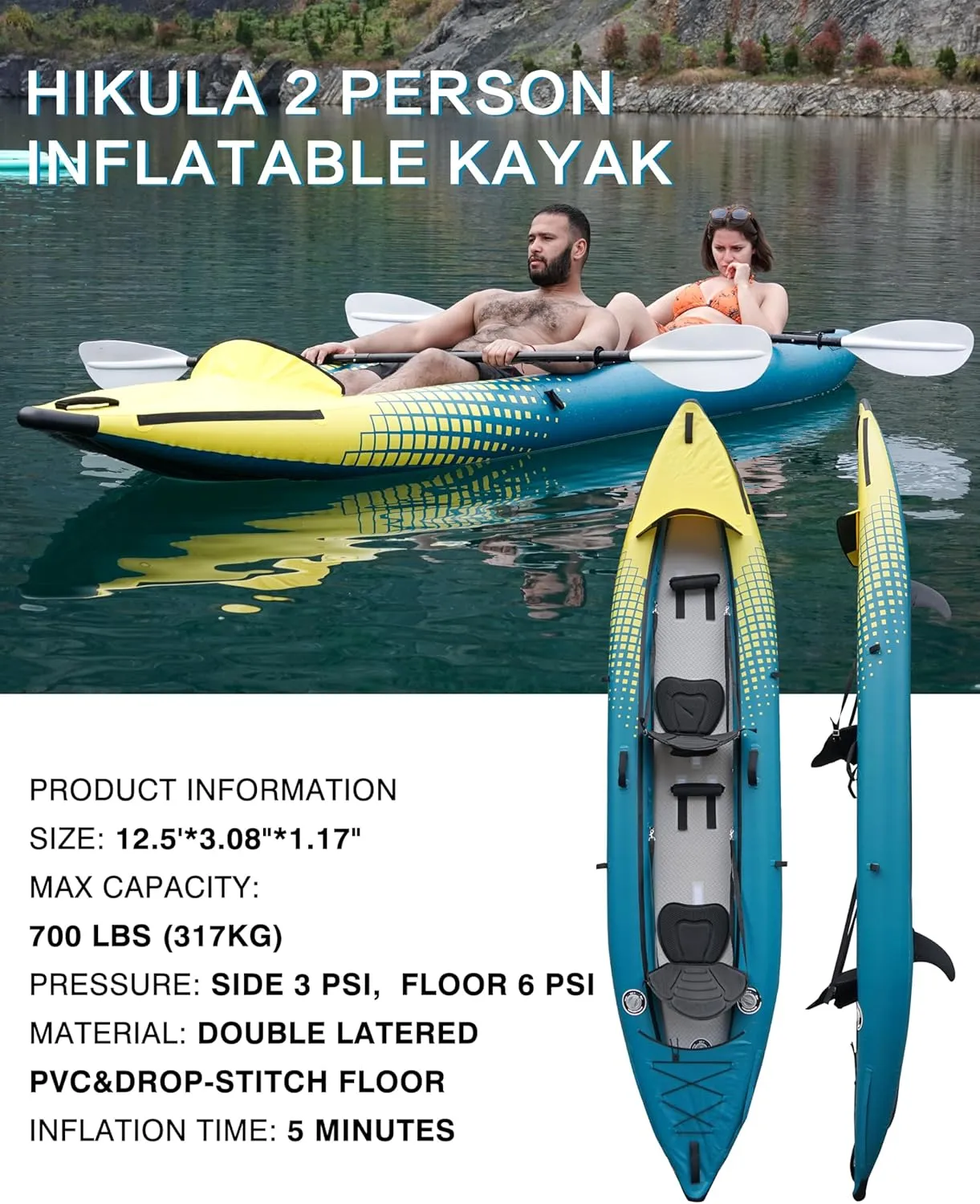 Inflatable Kayak 2 Person, Tandem Kayak, Foldable Kayaks for Adults, with Kayak Fin, 2 Aluminum Paddles, 2 Padded Seats, Hand Pump and Travel Backpack