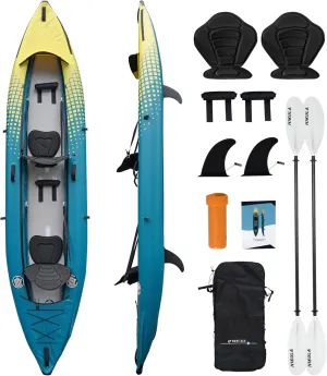 Inflatable Kayak 2 Person, Tandem Kayak, Foldable Kayaks for Adults, with Kayak Fin, 2 Aluminum Paddles, 2 Padded Seats, Hand Pump and Travel Backpack