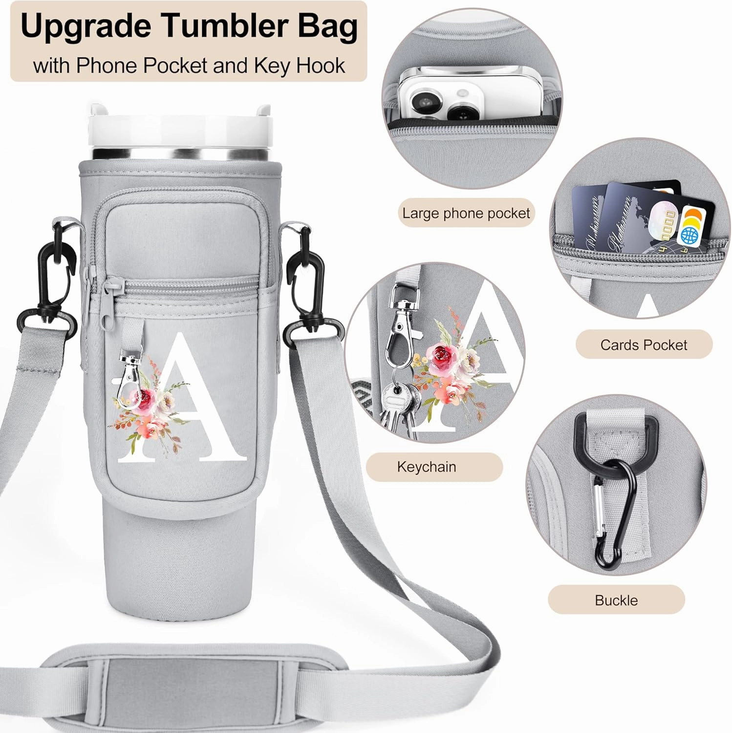 Initial Water Bottle Holder with Strap for Stanley 40 oz Tumbler/Simple Modern 40 oz Tumbler,Water Bottle Carrier Bag with Strap,Personalized A-Z Phone Pocket for Stanley Cup Accessories