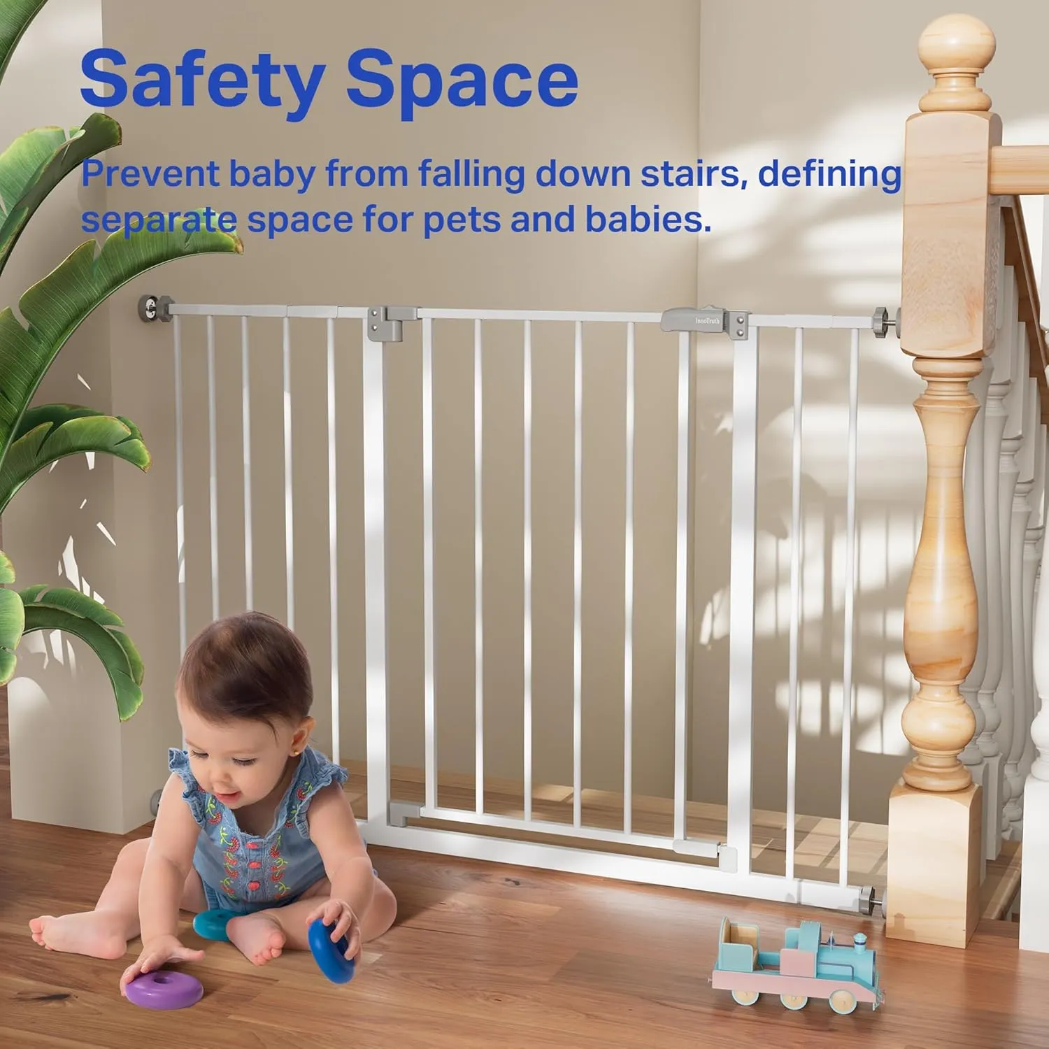InnoTruth 28.9-45.3" Baby Gate for Stairs, 19" Walk Thru Gate-Easy to Pass Carrying Baby, 30" Tall Dog Gates for Doorways One-Hand Open, Easy Install Toddler Gate for Room,White