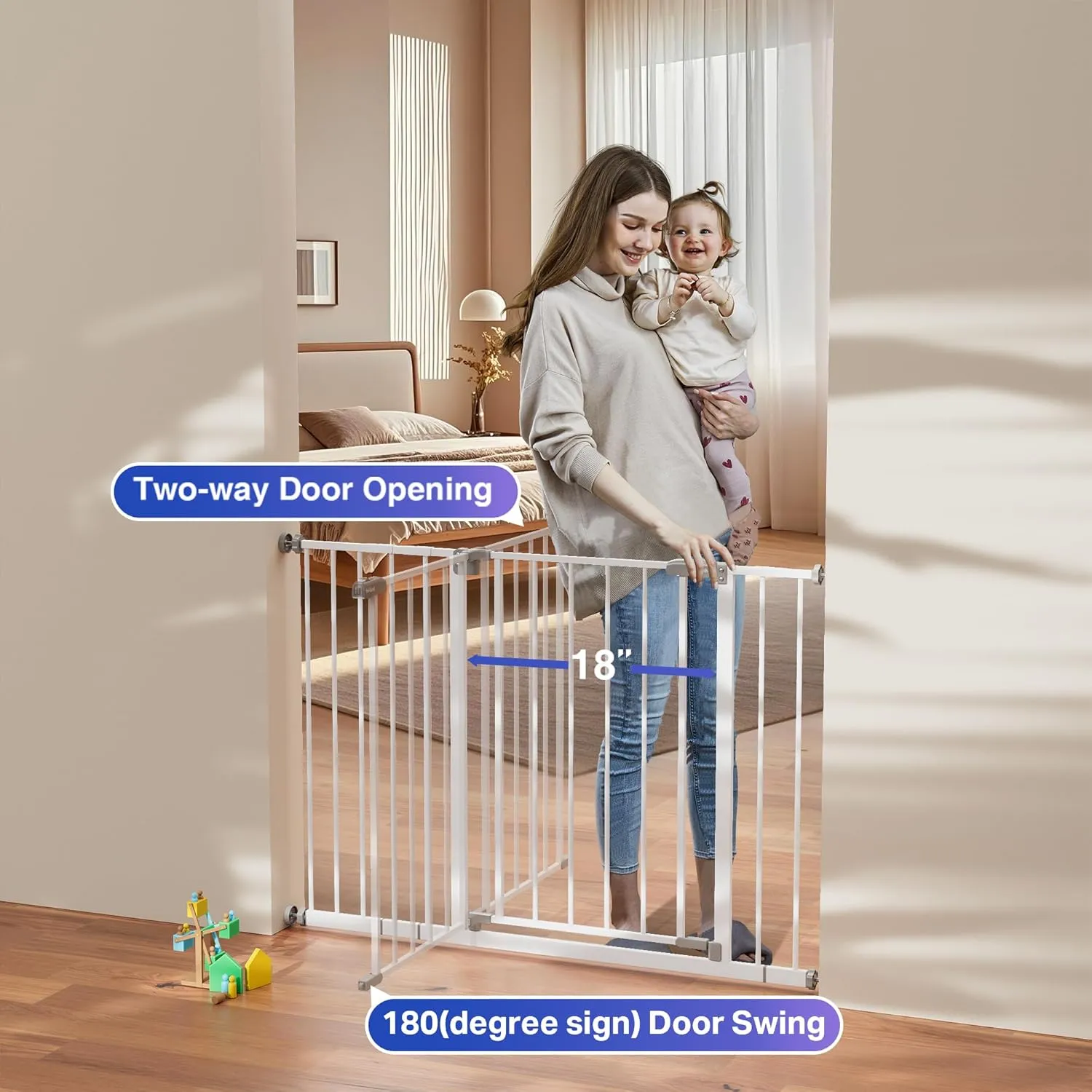 InnoTruth 28.9-45.3" Baby Gate for Stairs, 19" Walk Thru Gate-Easy to Pass Carrying Baby, 30" Tall Dog Gates for Doorways One-Hand Open, Easy Install Toddler Gate for Room,White