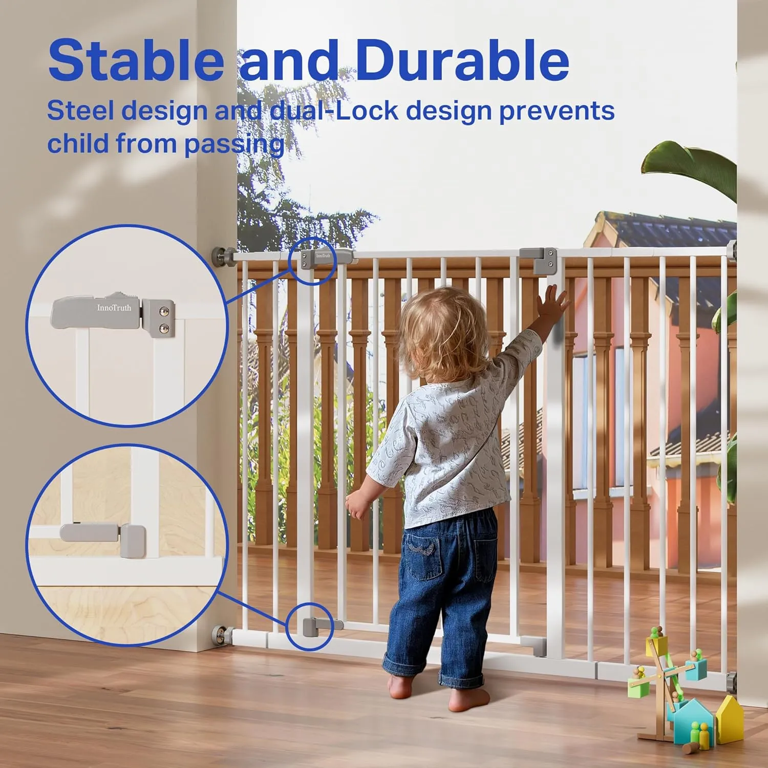 InnoTruth 28.9-45.3" Baby Gate for Stairs, 19" Walk Thru Gate-Easy to Pass Carrying Baby, 30" Tall Dog Gates for Doorways One-Hand Open, Easy Install Toddler Gate for Room,White