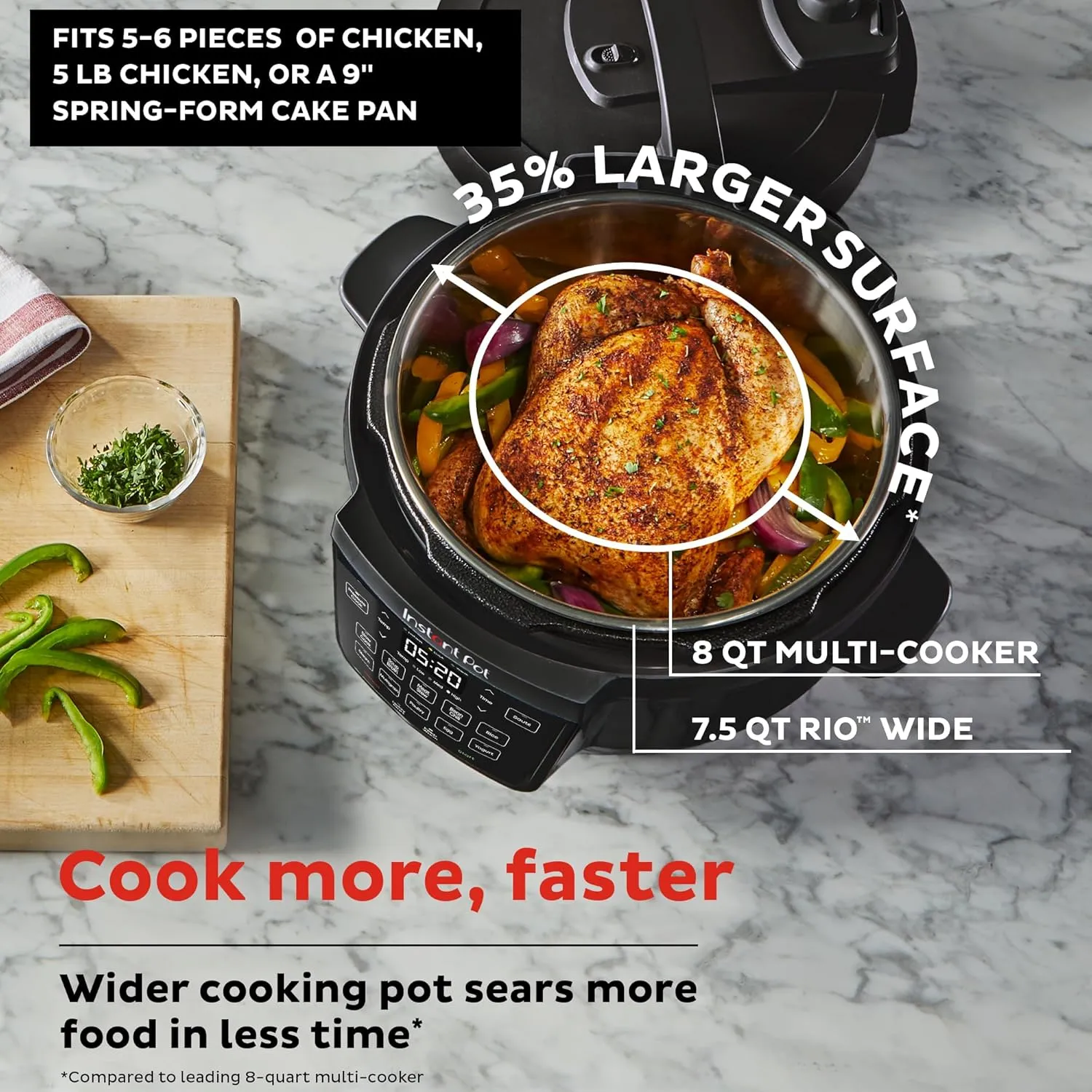 Instant Pot RIO Wide Base, 7.5 Qt, Large Searing Base, WhisperQuiet Steam Release, 7-in-1 Multi-Cooker, Pressure, Slow, Rice, Steamer, Sauté, Yogurt & Warmer