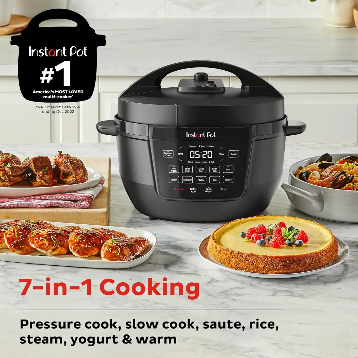 Instant Pot RIO Wide Base, 7.5 Qt, Large Searing Base, WhisperQuiet Steam Release, 7-in-1 Multi-Cooker, Pressure, Slow, Rice, Steamer, Sauté, Yogurt & Warmer