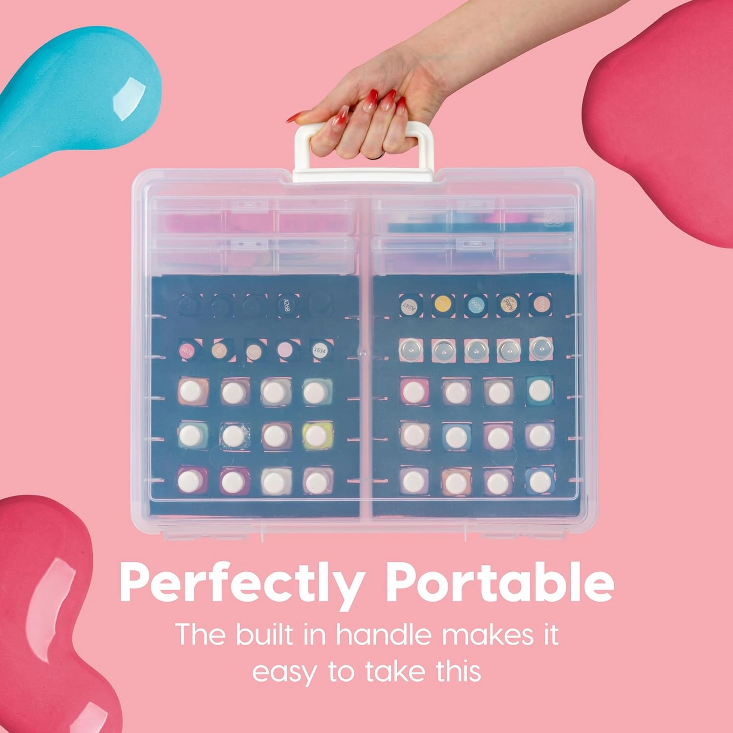 IRIS USA Cosmetic Train Case Nail Polish Organizer with 4 Inner Cases and Handle, 2-Pack, Portable Cosmetology Hobby Storage Box Holds 44 Bottles, for Tabletop Gaming Minis Art Craft Supplies, Clear