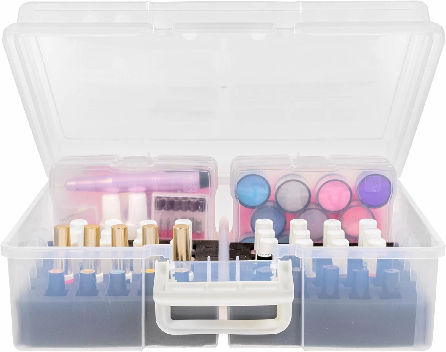 IRIS USA Cosmetic Train Case Nail Polish Organizer with 4 Inner Cases and Handle, 2-Pack, Portable Cosmetology Hobby Storage Box Holds 44 Bottles, for Tabletop Gaming Minis Art Craft Supplies, Clear