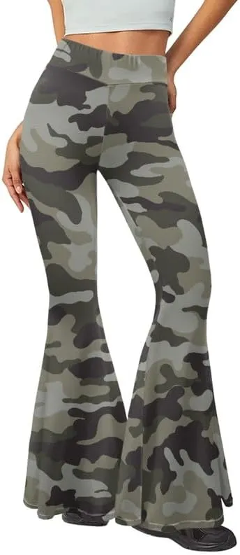 Irisjudy Women's High Waist Cow Print Flared Leg Leggings Plus Size, Cartoon Cats Dogs Bell Bottom Yoga Pants Trousers