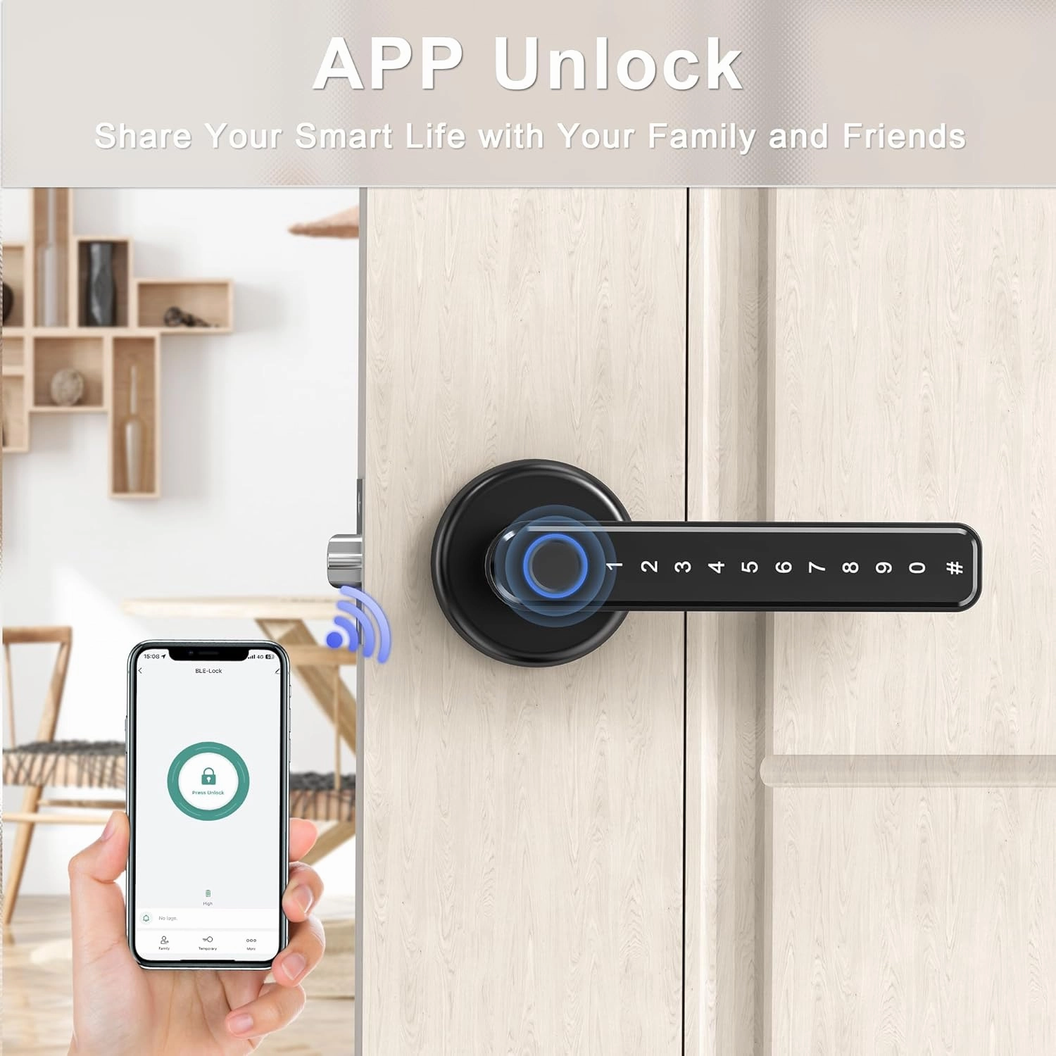 IRONZON Fingerprint Door Lock Smart Door Lock with App Code Backup Key Fingerprint Smart Door Knob with Handle for Home Hotel Office Apartment Bedroom Black